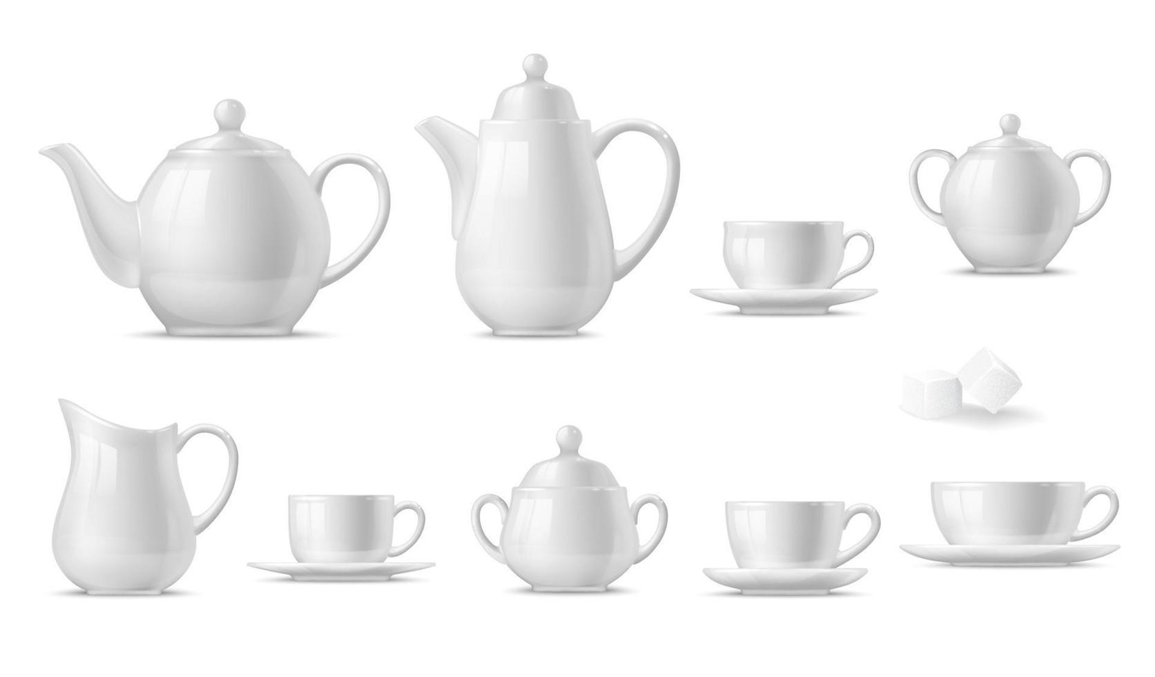 Coffee cups, tea mug, teapots, sugar bowl, creamer vector