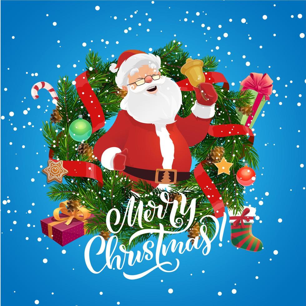 Santa Claus with bell in Christmas wreath frame vector