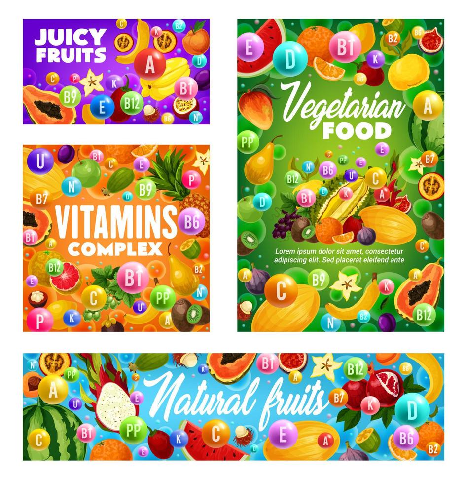 Juicy fruits and vitamins, natural organic fruits vector