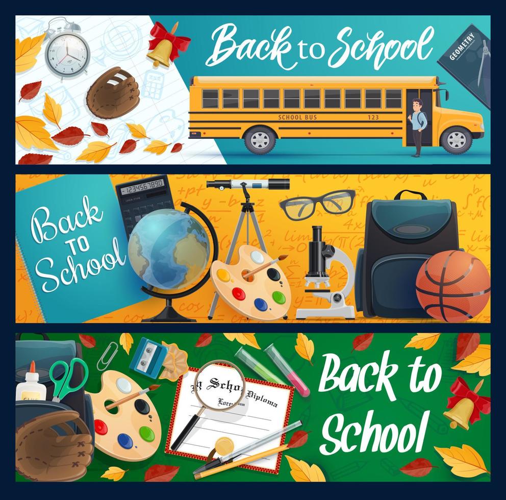 Student supplies, school bus and education items vector