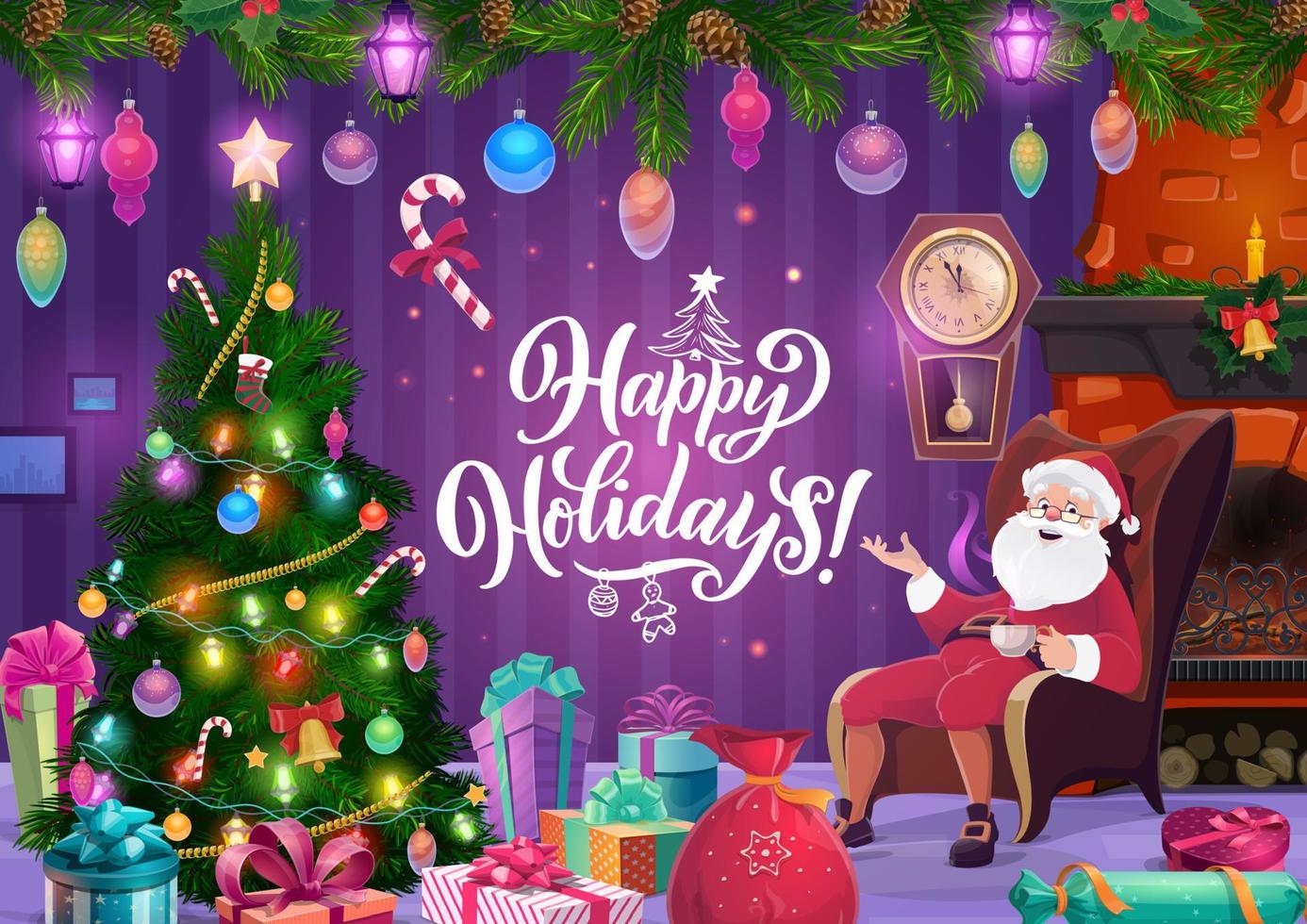 Santa, Christmas fireplace and New Year gifts vector