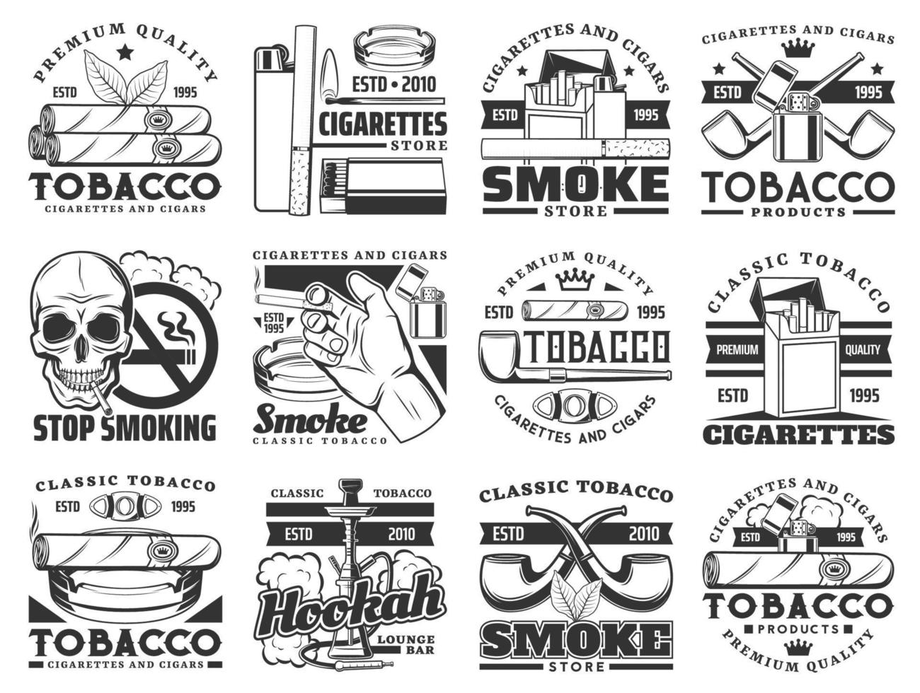 Cigarette pack, cigar, pipe, tobacco leaf icons vector