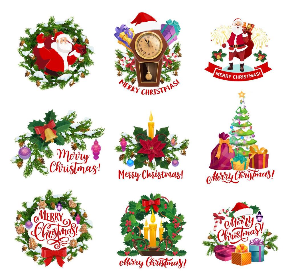 Christams icons with Santa, gifts, New Year wreath vector