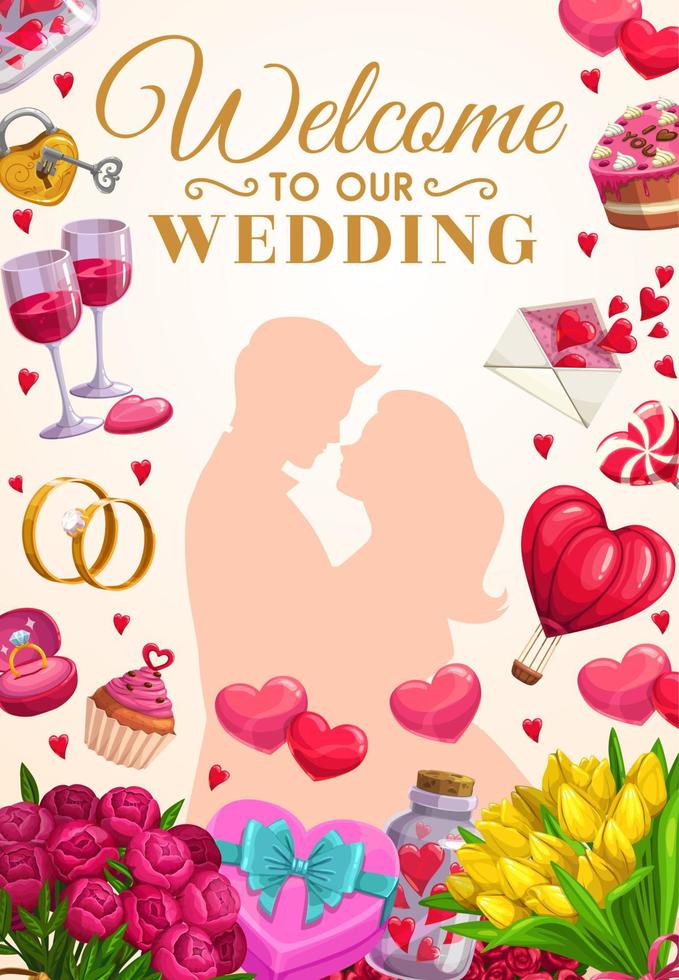 Wedding party invitation, bride and groom couple vector