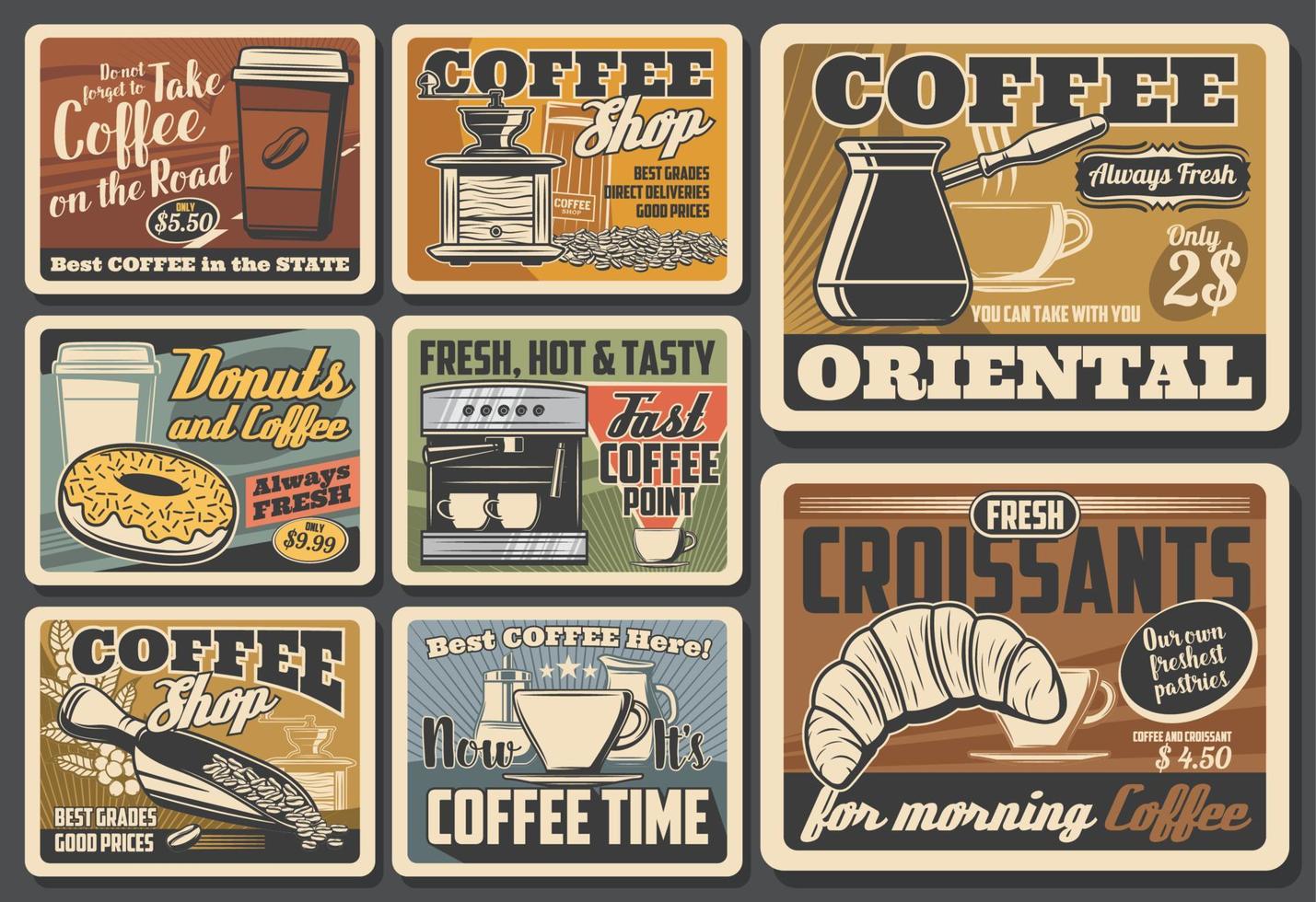 Coffee cups, espresso machine, beans and croissant vector