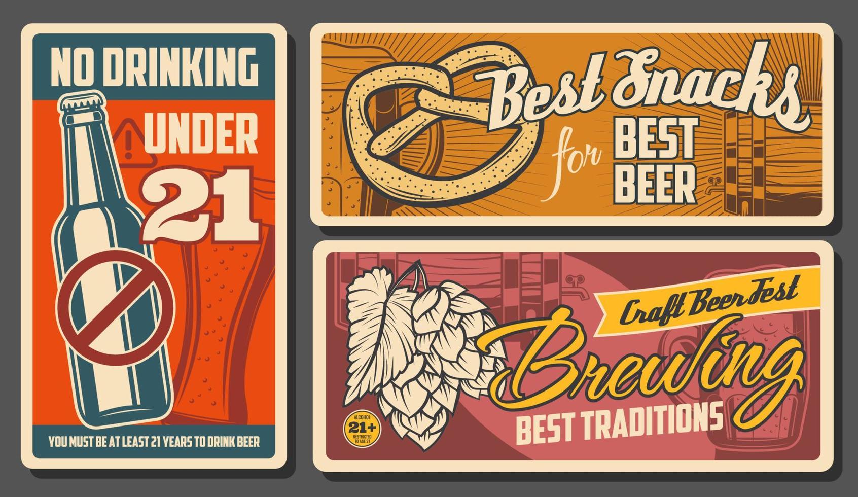 Beer and snacks retro posters. Vintage cards vector