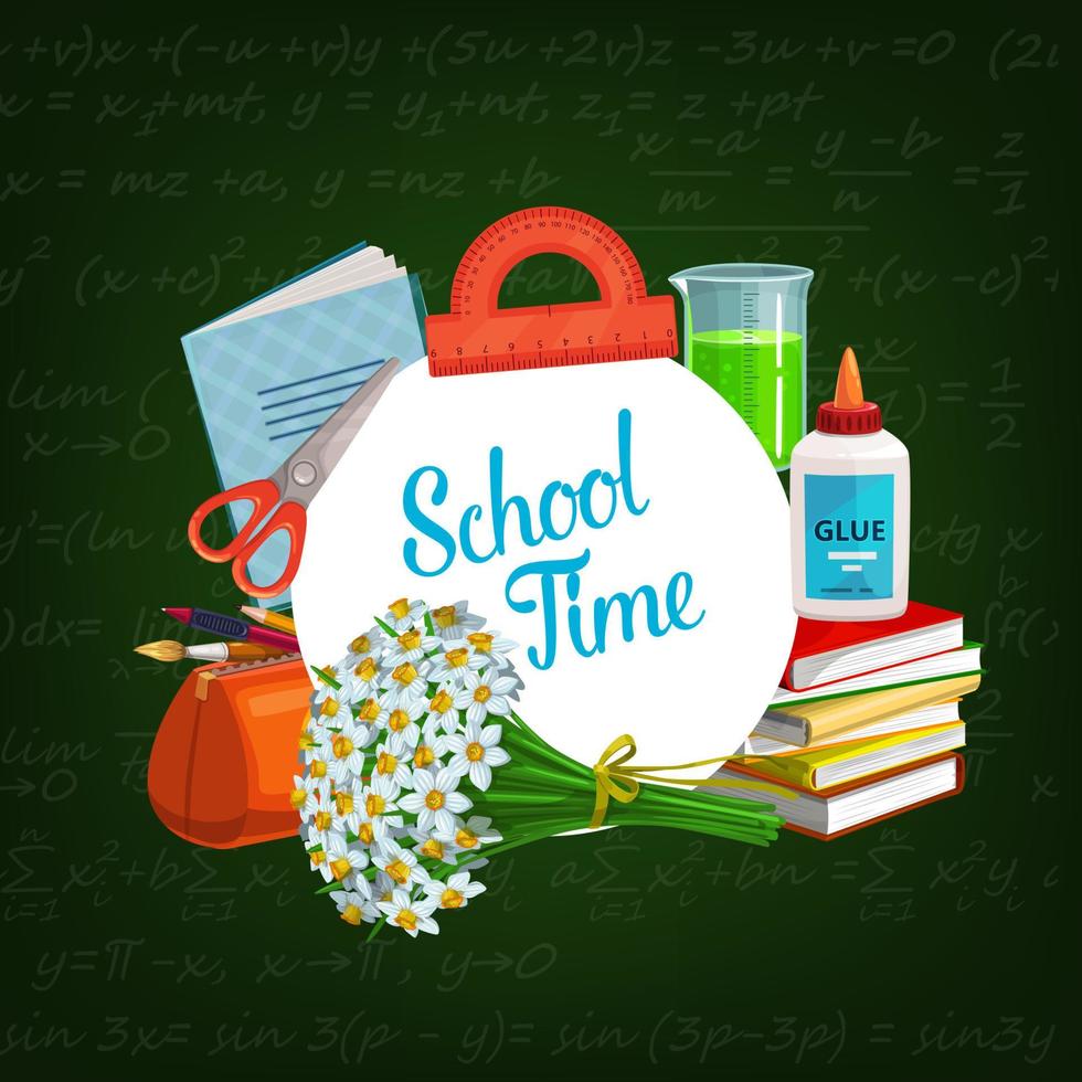 Back to school study supplies and chalkboard vector