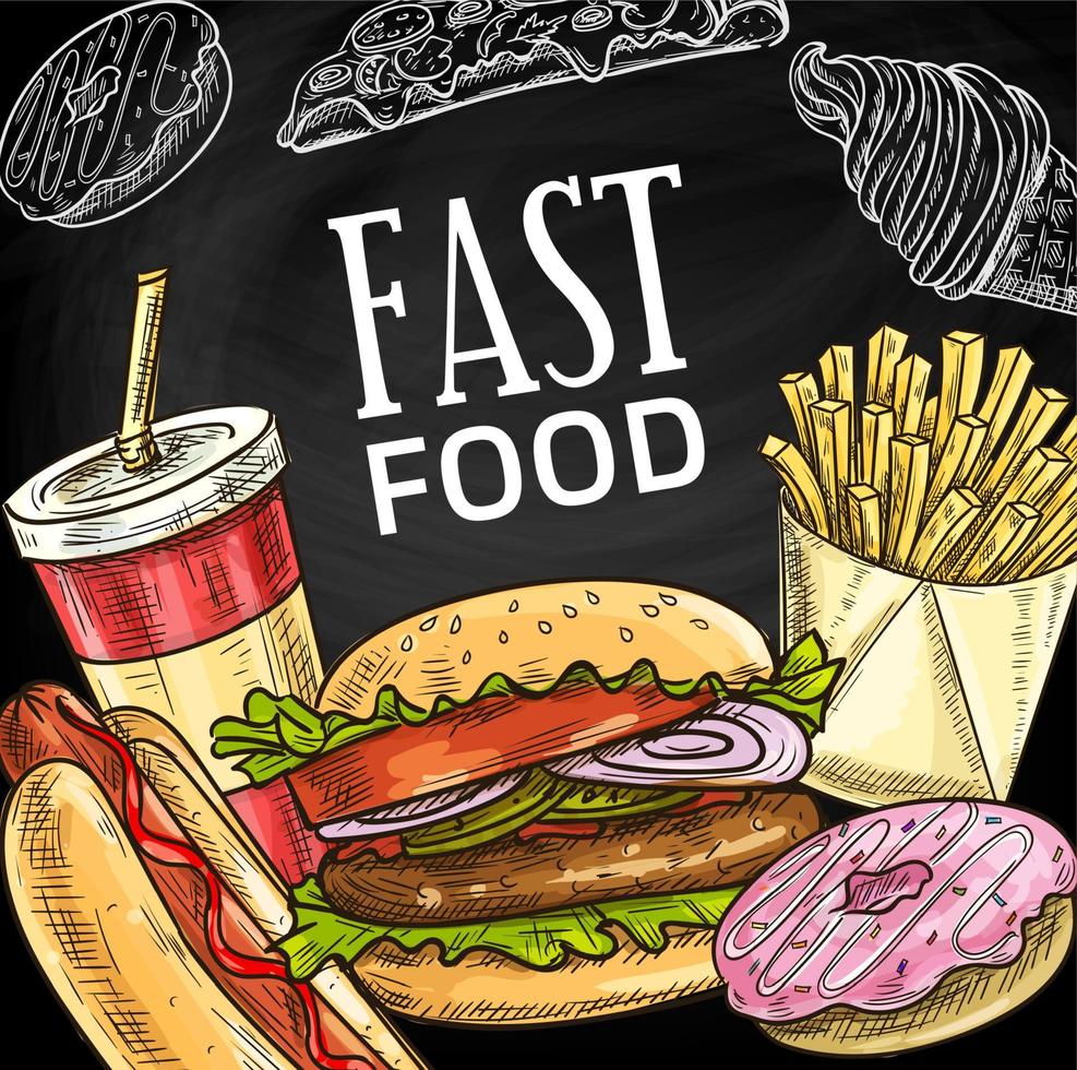 cartel de hamburguesas, sándwiches y dulces de comida rápida vector