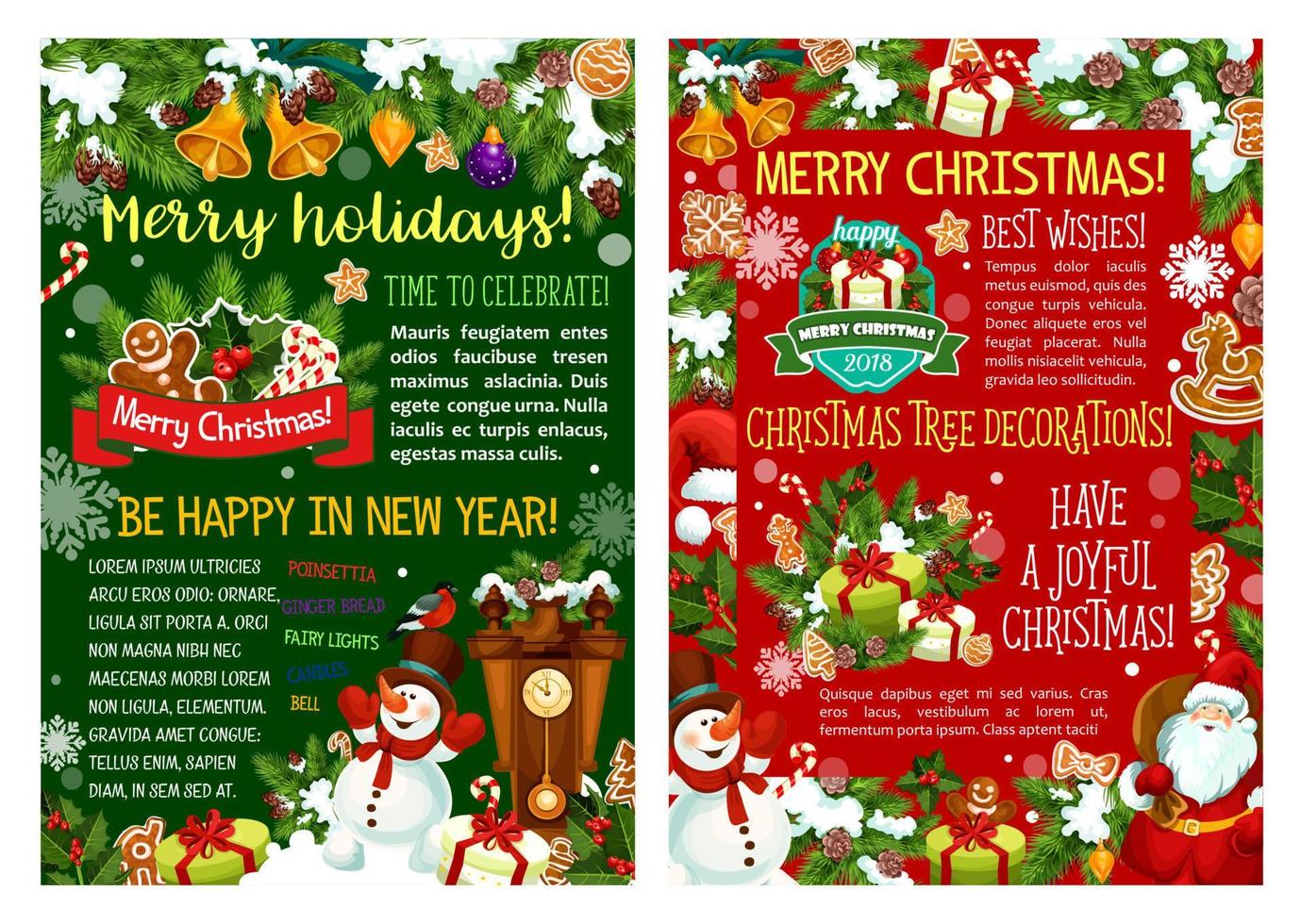 Santa with Christmas gift, snowman greeting poster vector