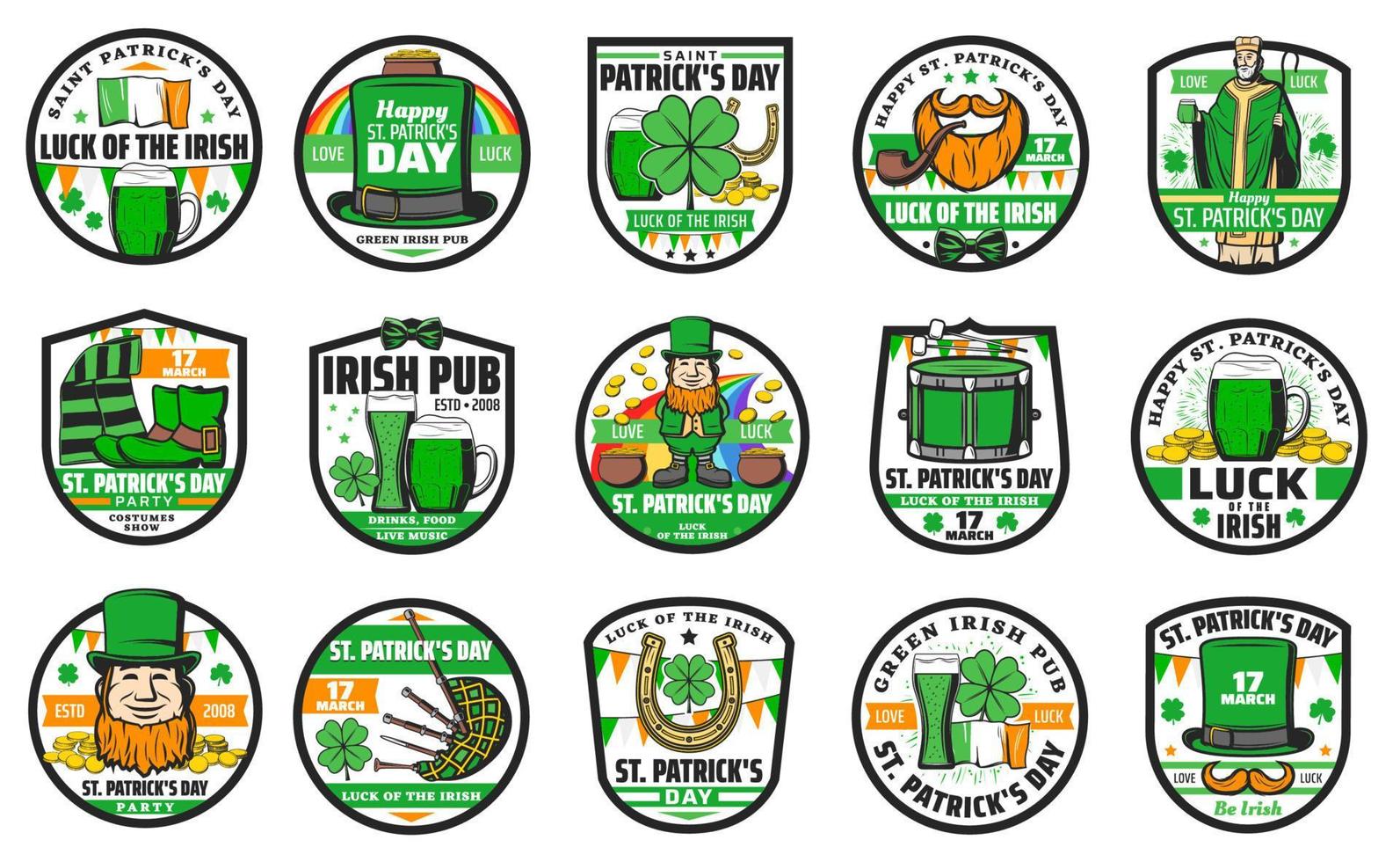 St Patrick, Irish leprechaun, shamrock, beer icons vector