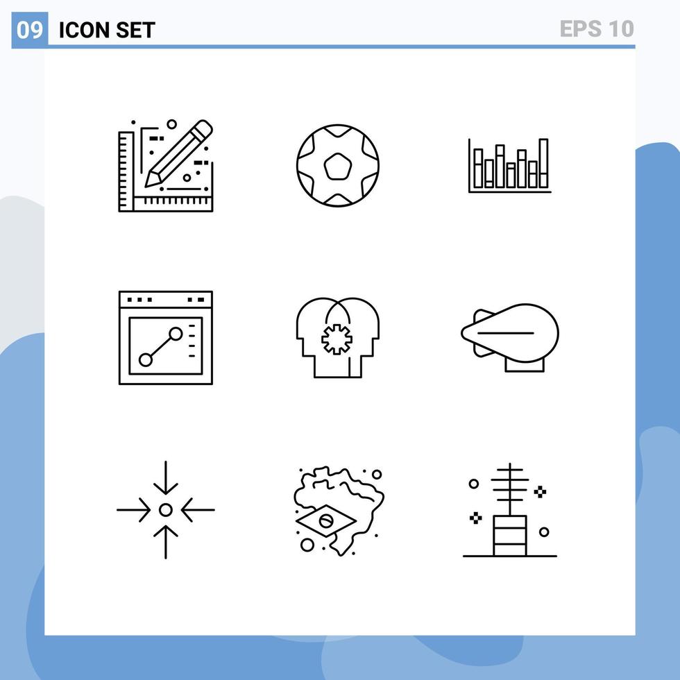 Pack of 9 Modern Outlines Signs and Symbols for Web Print Media such as mind brain graph website browser Editable Vector Design Elements