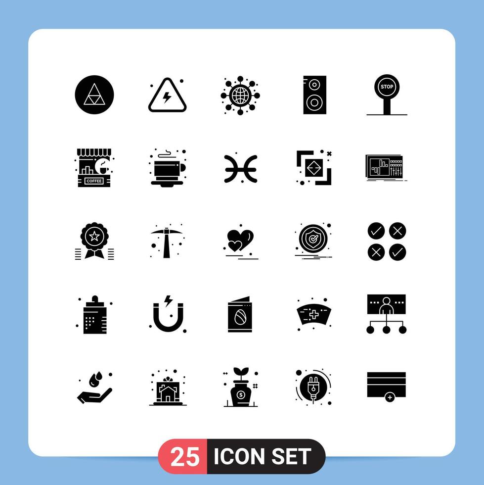 Pack of 25 creative Solid Glyphs of stop school highly music class startup Editable Vector Design Elements