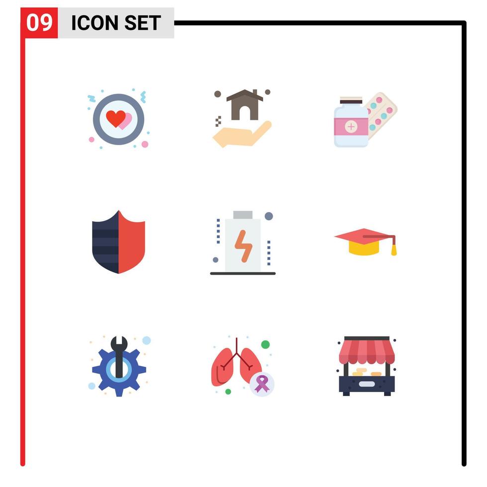 9 User Interface Flat Color Pack of modern Signs and Symbols of devices battery capsule shield safety Editable Vector Design Elements