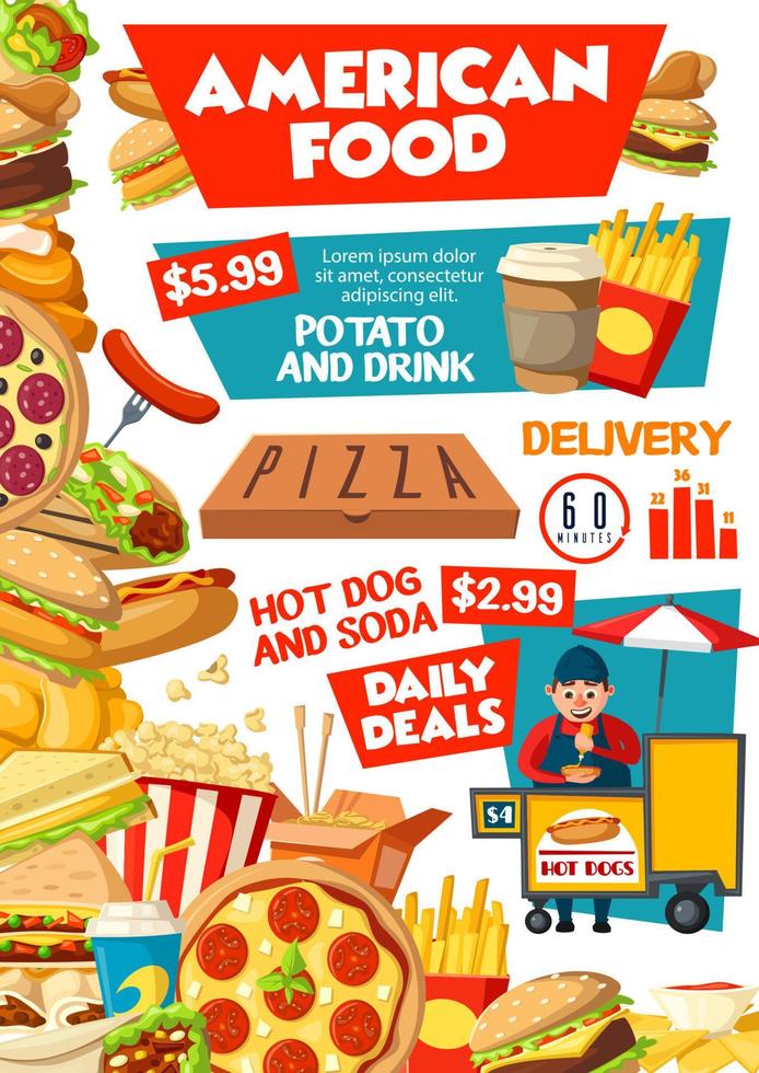 Fast food restaurant menu of junk meal, drinks vector