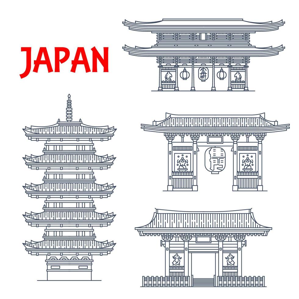 Japanese buddhist temple, pagoda and gate icons vector