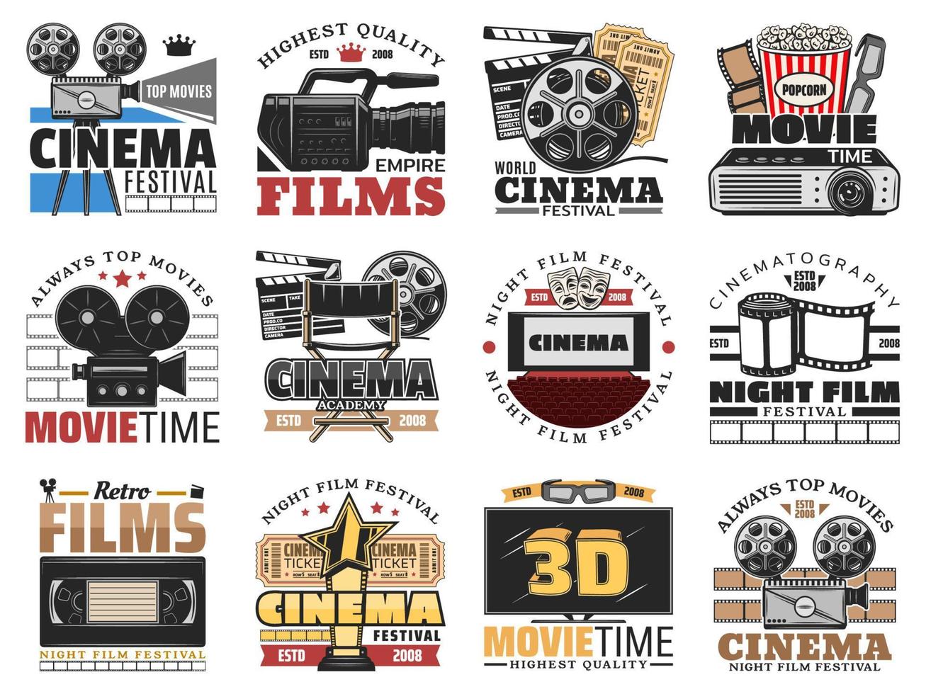Cinema and movie theater, film making icons vector