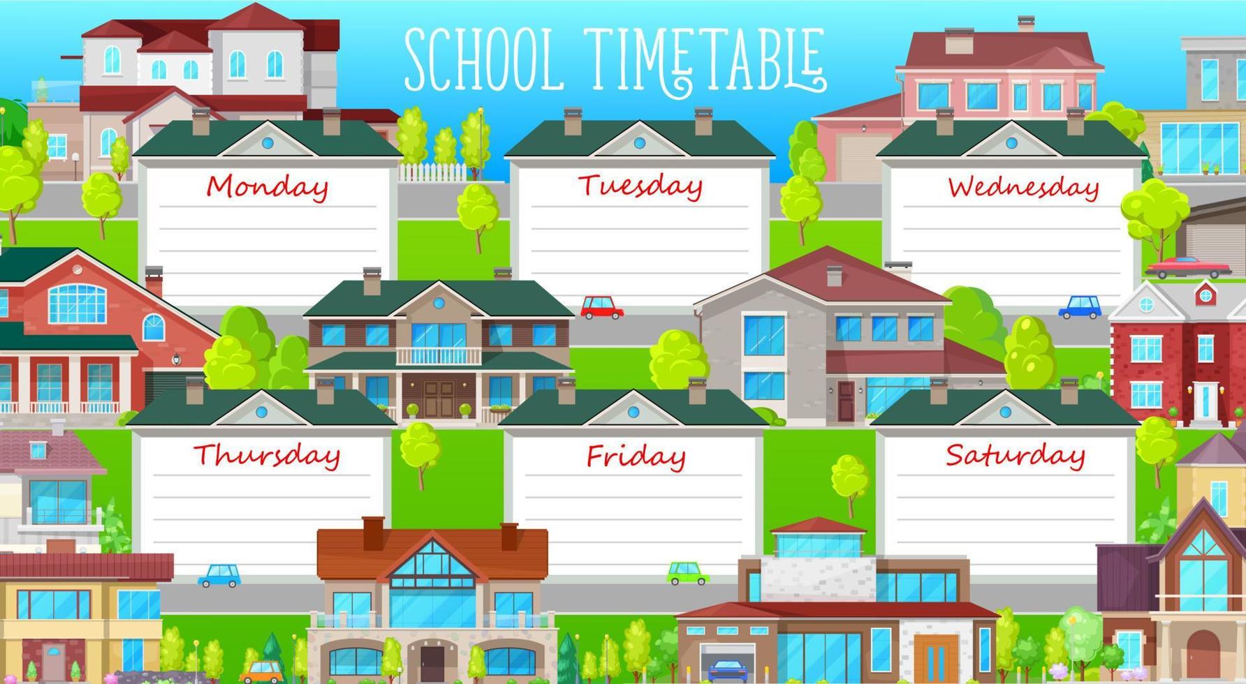 plantilla de horario escolar con edificios de dibujos animados vector