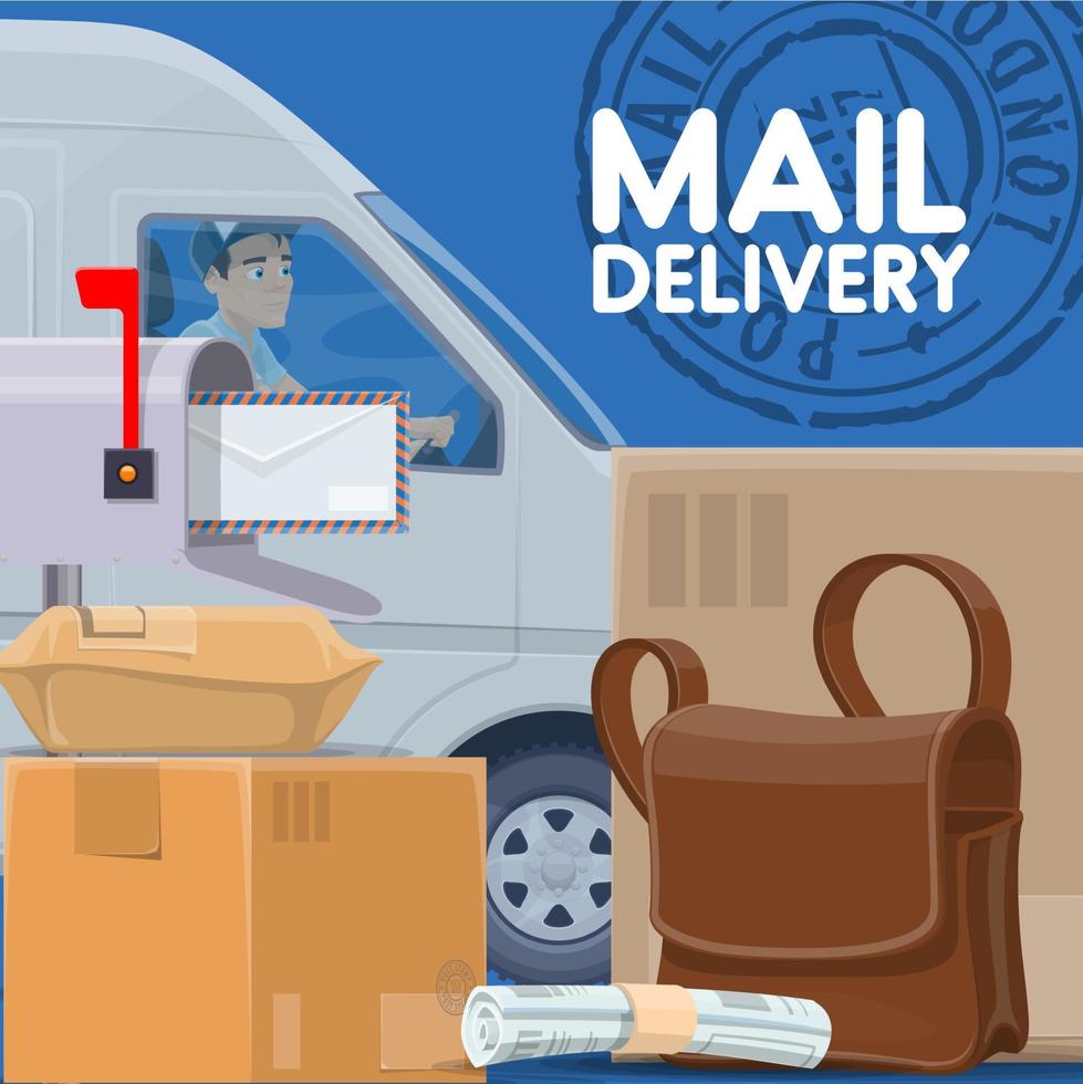 Mail delivery service. Postman in car and parcels vector