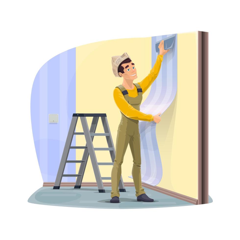 Worker gluing a wallpaper, home renovation vector