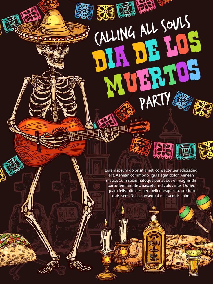 Day of Dead skull playing guitar. Mexican holiday vector