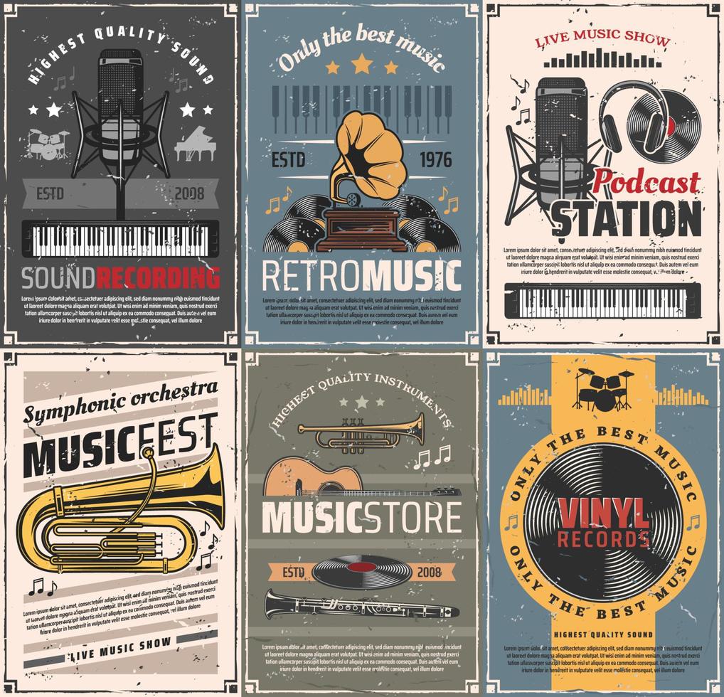 Music and sound recording vector retro posters