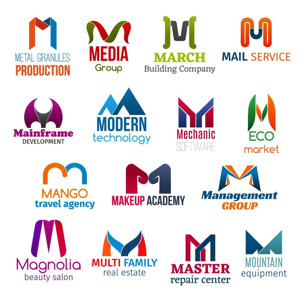 Letter M corporate identity, business icons vector