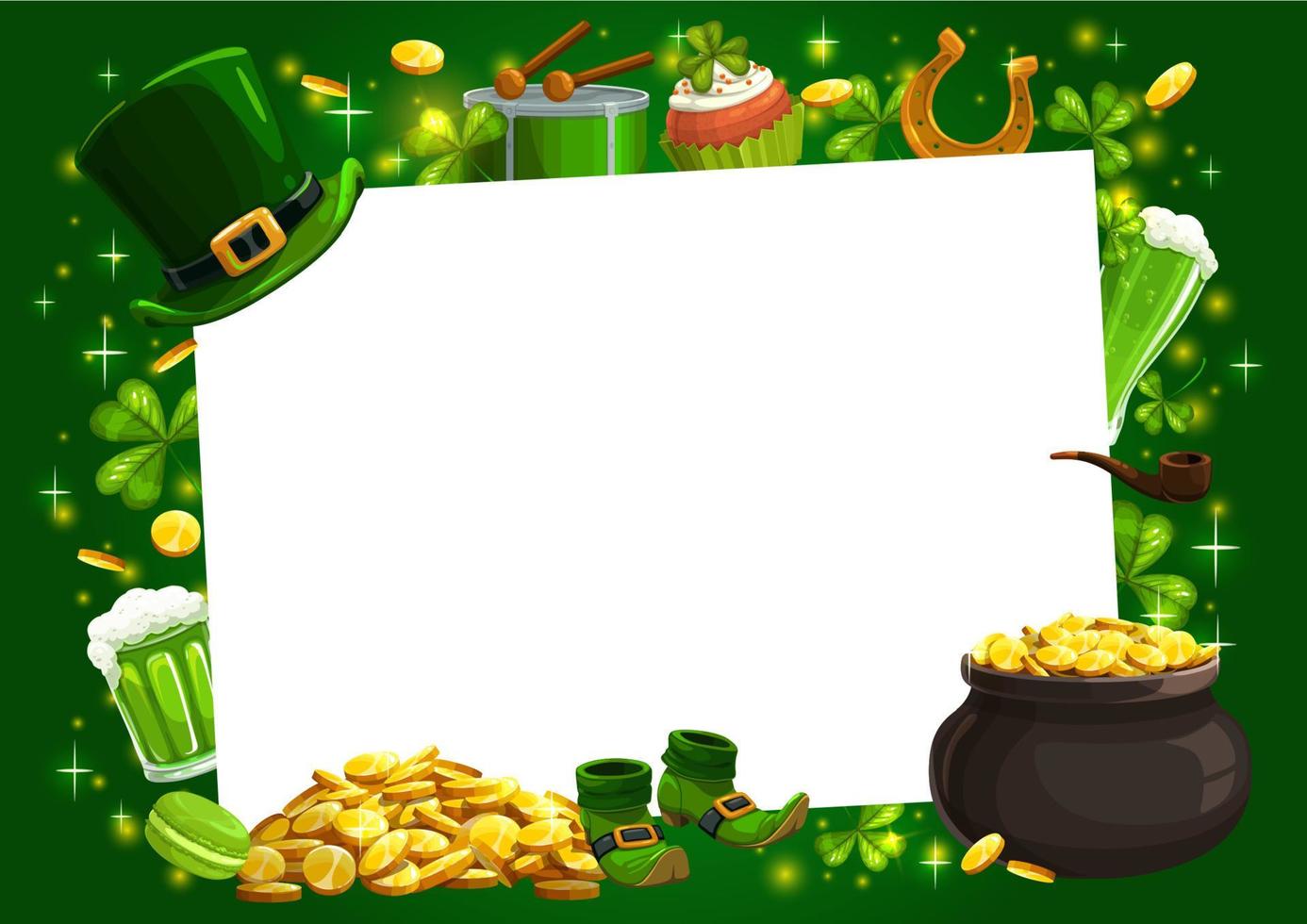 Patricks Day leprechaun gold and shamrock frame vector