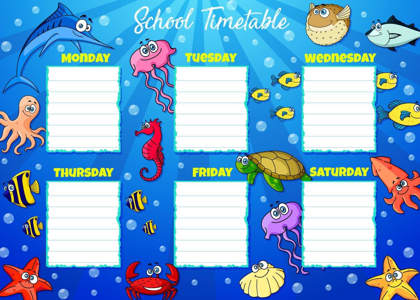 School timetable week schedule, cartoon underwater vector