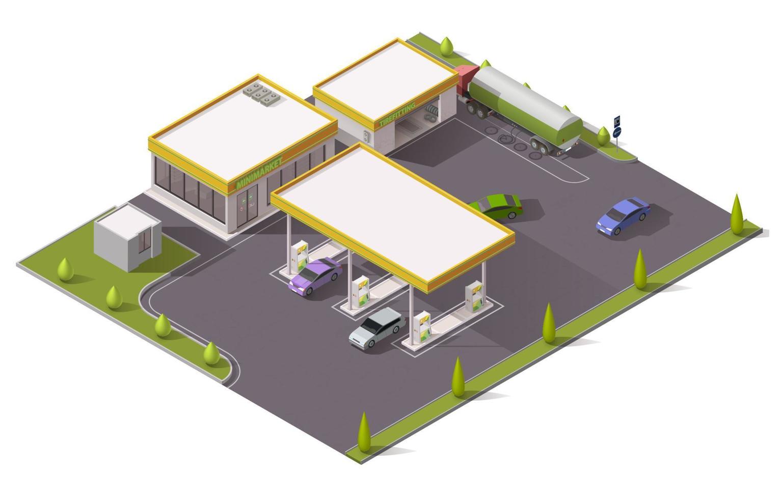 Filling station with cars, gas, petrol, fuel pumps vector