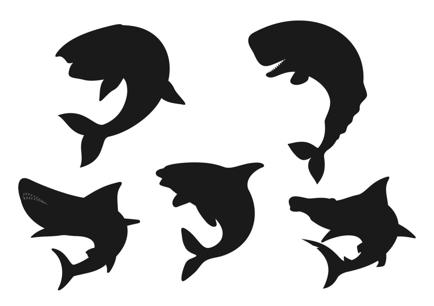 siluetas negras de animales de ballena, tiburón y orca vector