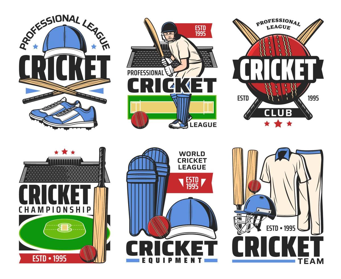 Cricket sport ball, bat, stadium and player icons vector