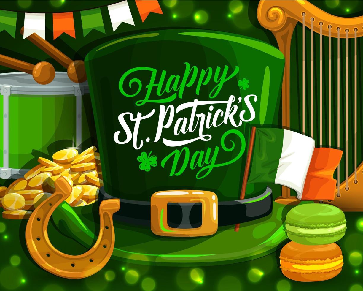 Patrick Day green leprechaun hat, shamrock, gold vector