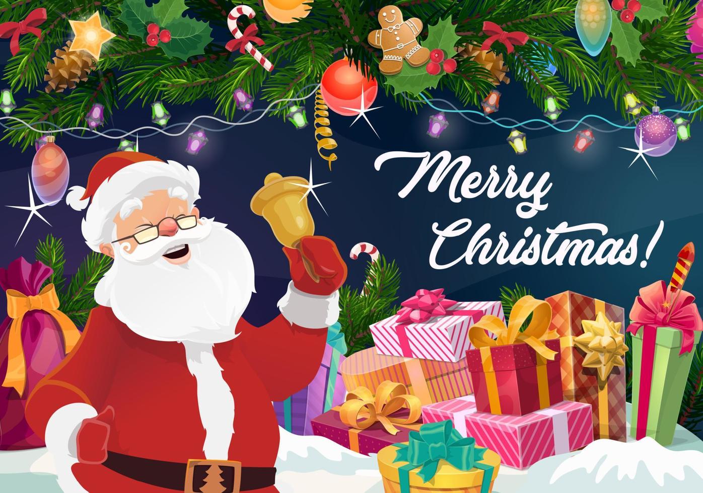 Santa with Christmas bell, Xmas and New Year gifts vector