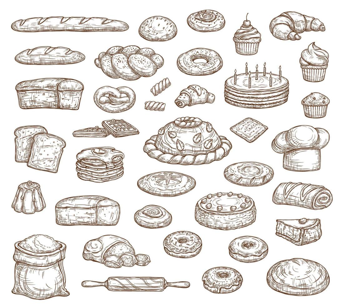 Bread, pastry isolated sketch icons, bakery food vector