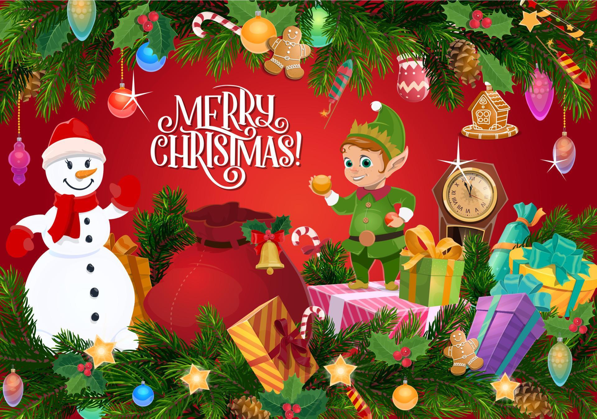 Christmas gifts and Xmas tree with snowman and elf 16541338 Vector Art