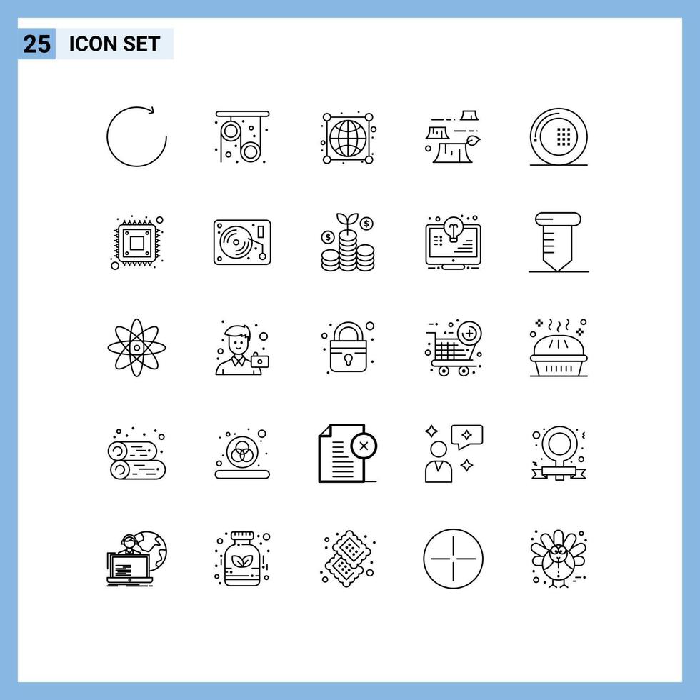 Pack of 25 Modern Lines Signs and Symbols for Web Print Media such as food cooking globe environment deforestation Editable Vector Design Elements