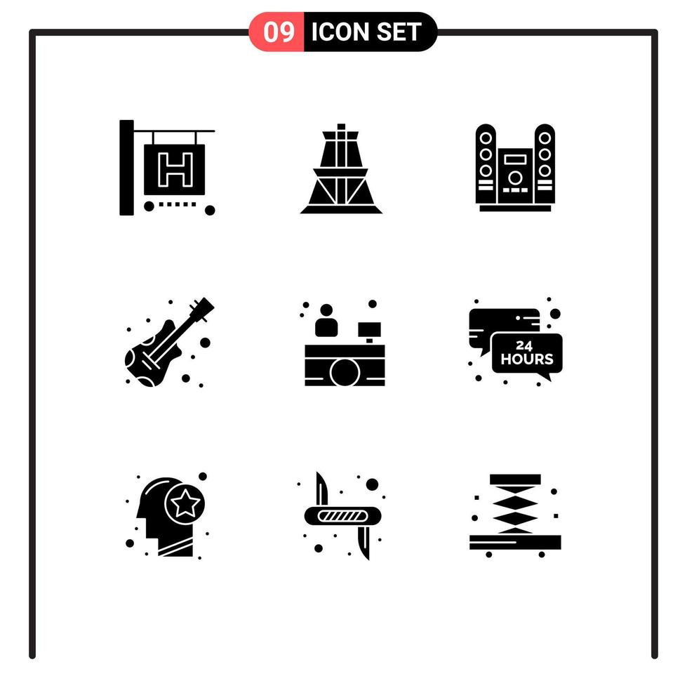 9 User Interface Solid Glyph Pack of modern Signs and Symbols of hours hospital receptionist concert hospital reception instrument Editable Vector Design Elements