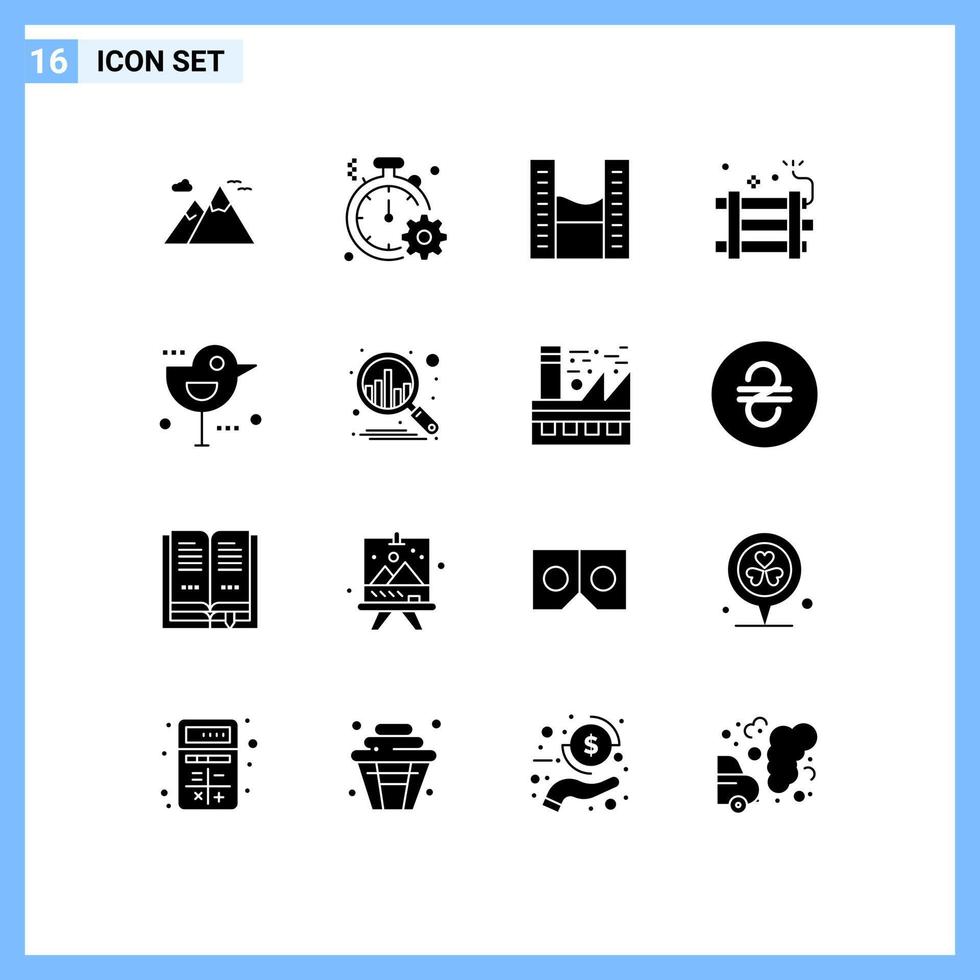 Modern Set of 16 Solid Glyphs Pictograph of party bomb explosive gear dynamite twin towers Editable Vector Design Elements