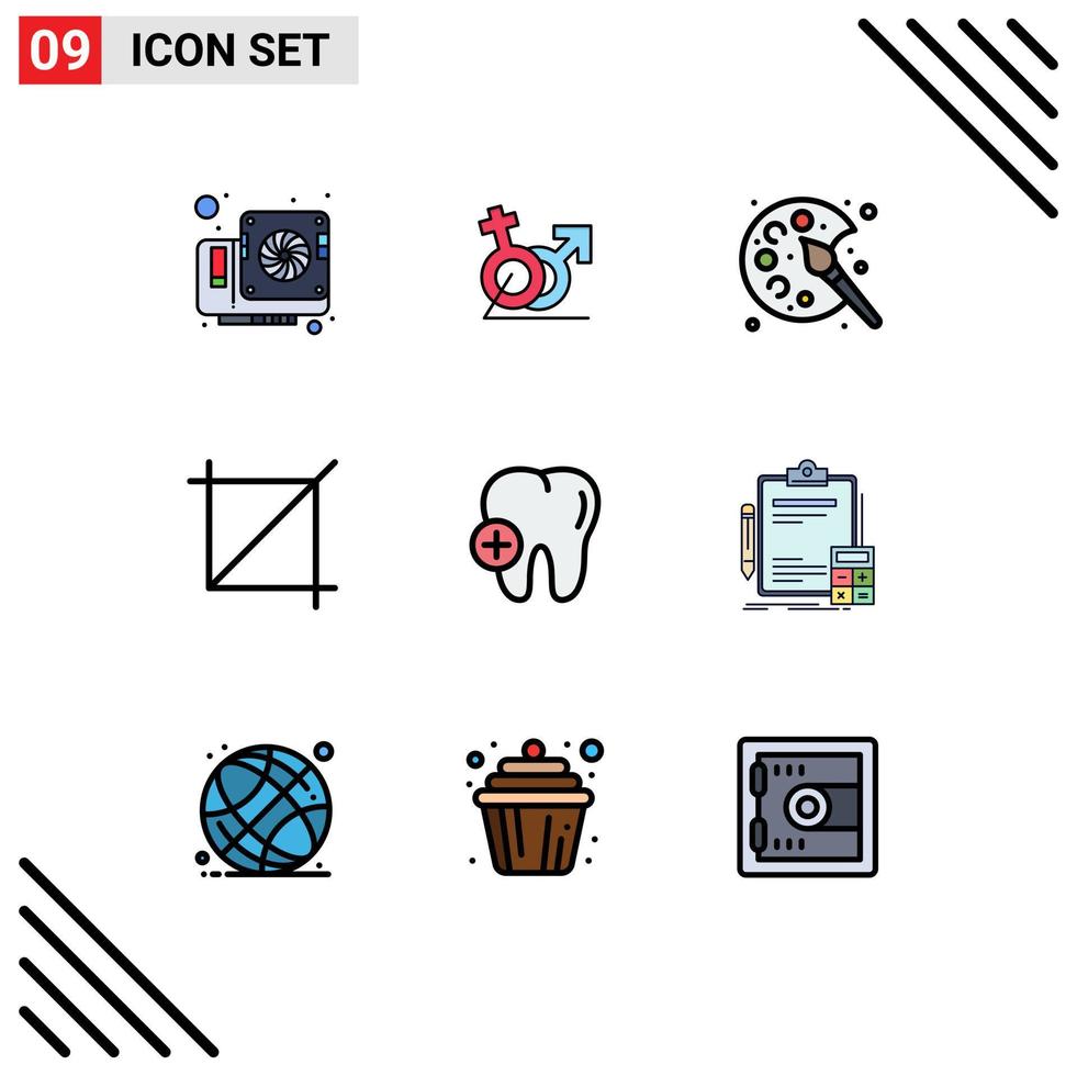Group of 9 Filledline Flat Colors Signs and Symbols for tooth hospital identity tool hobby Editable Vector Design Elements