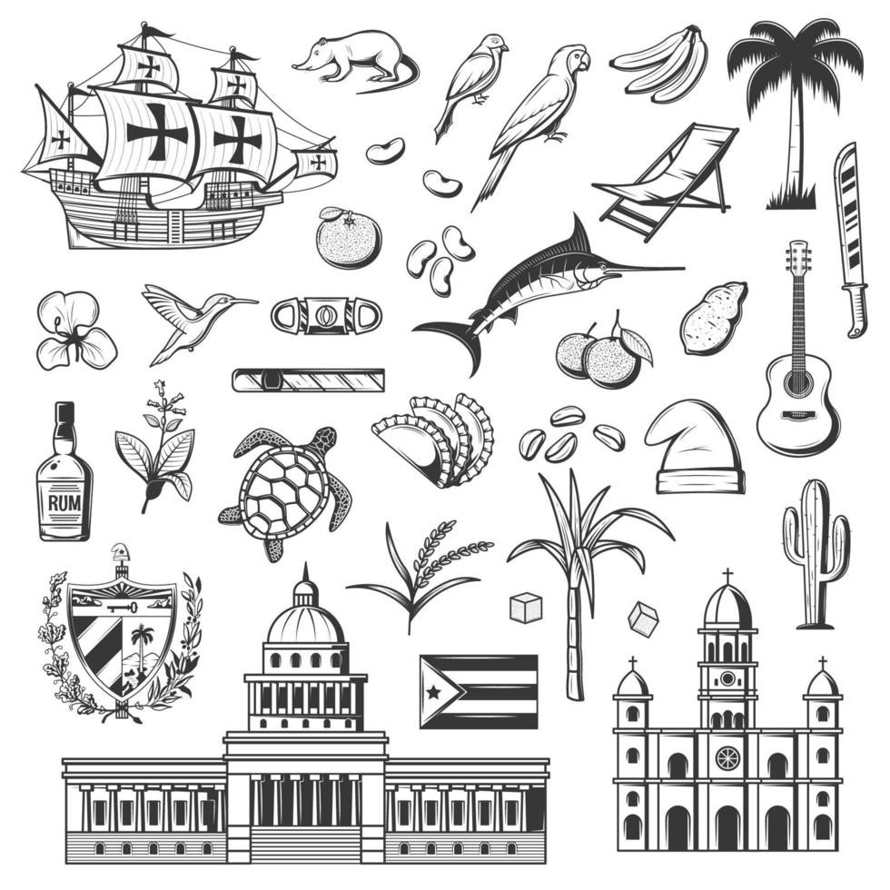 Cuba icons, Havana landmarks and famous items vector