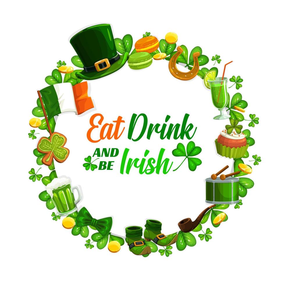Leprechauns hat, shamrock. Patricks cookies frame vector