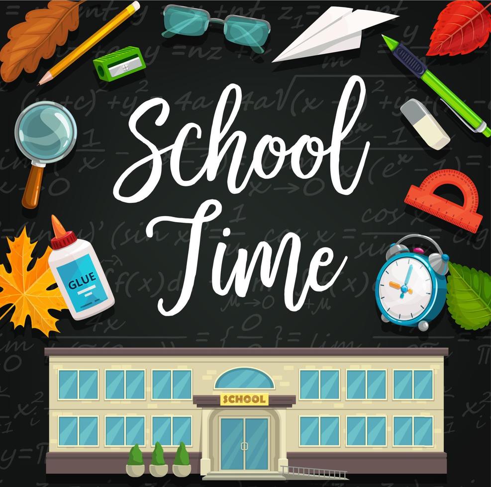 Back to school, chalk blackboard and study items vector