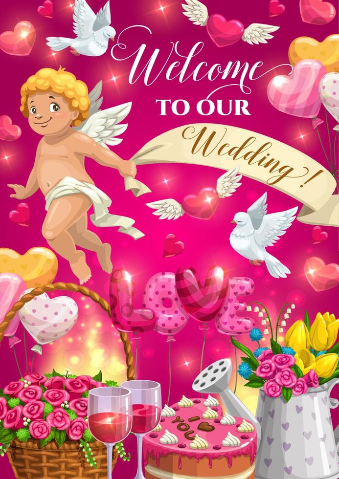 Cupid with wedding cake, gifts and love hearts vector