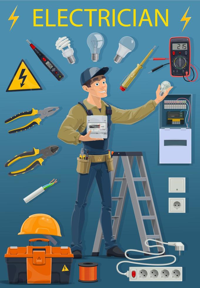 Profession of electrician, electricity tools, lamp vector