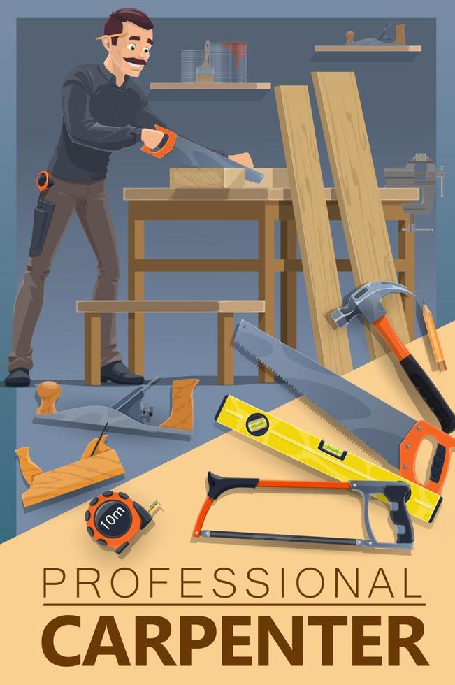 Carpentry woodwork, carpenter man profession vector