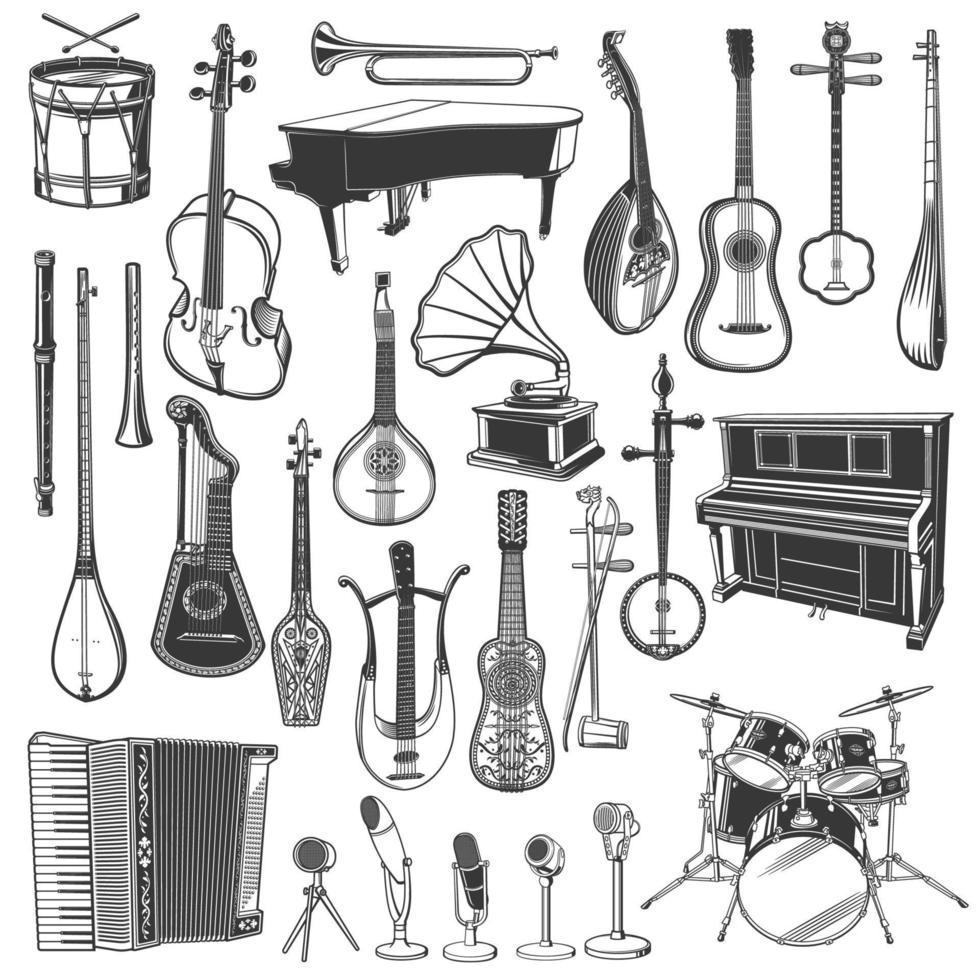 bocetos de instrumentos y micrófonos de música étnica vector