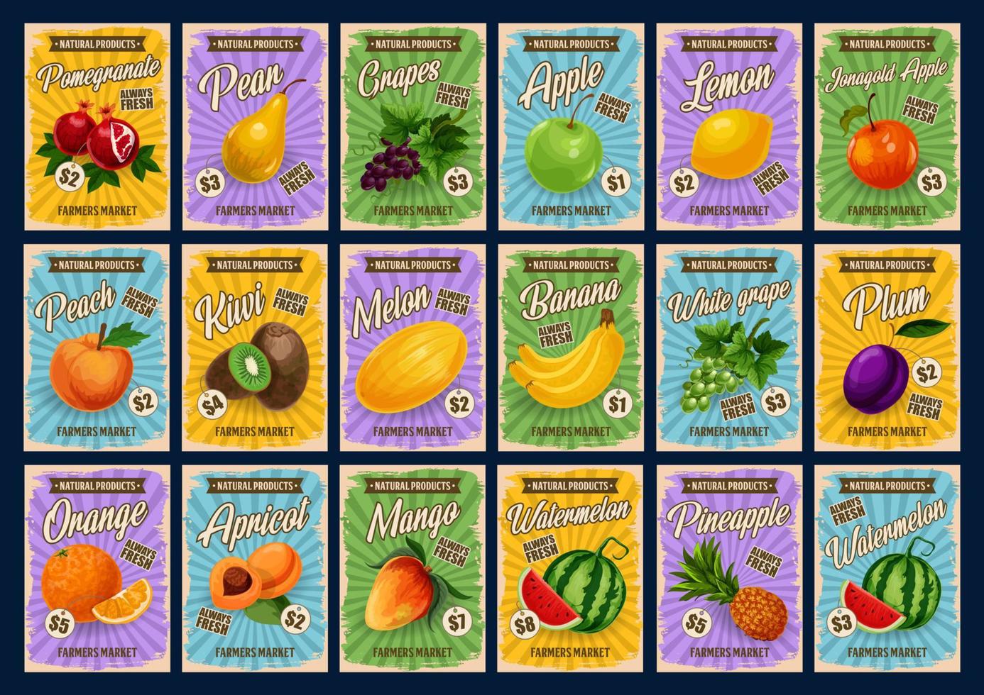 frutas del mercado agrícola, menú de tarjetas de precios vector