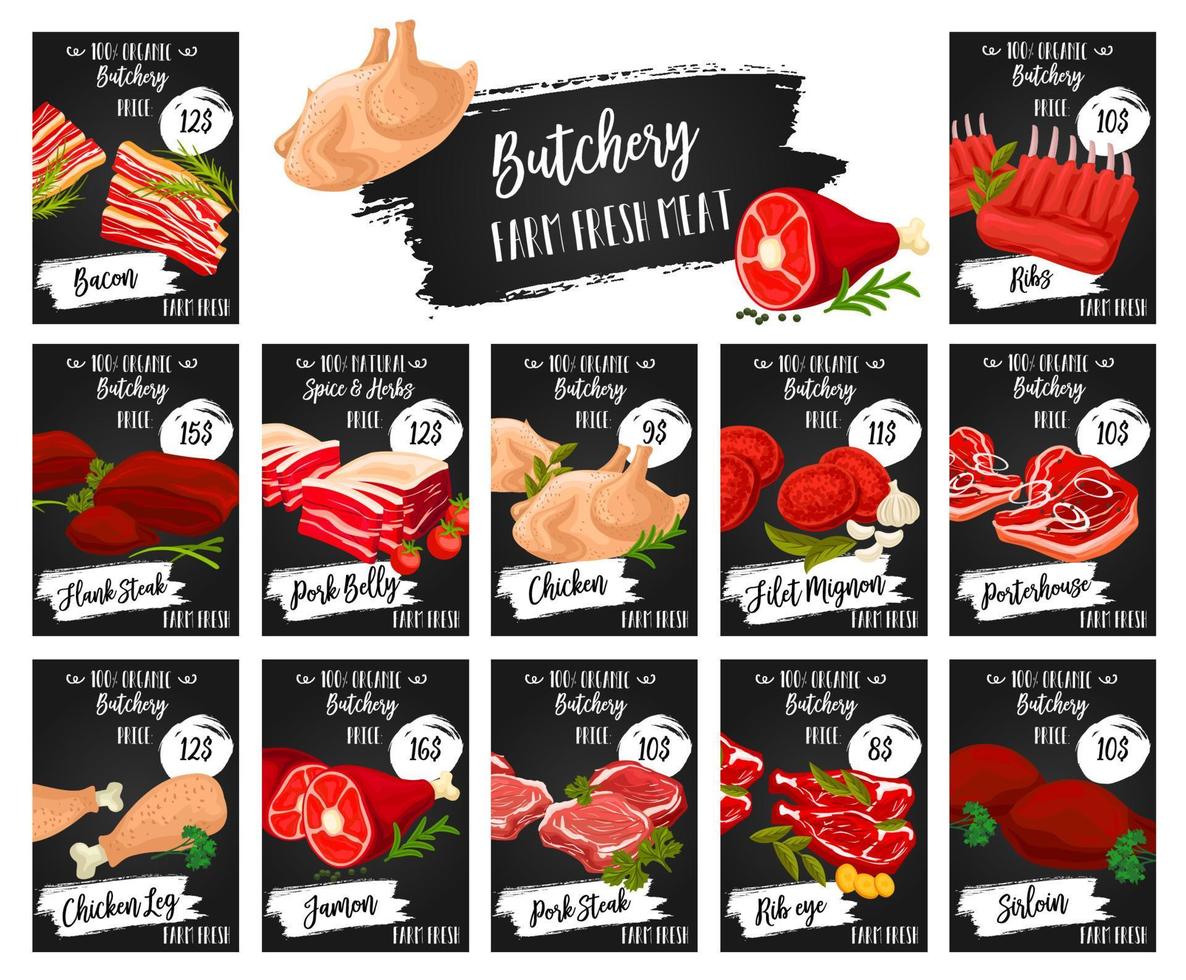 Meat price tags of butcher shop food products vector