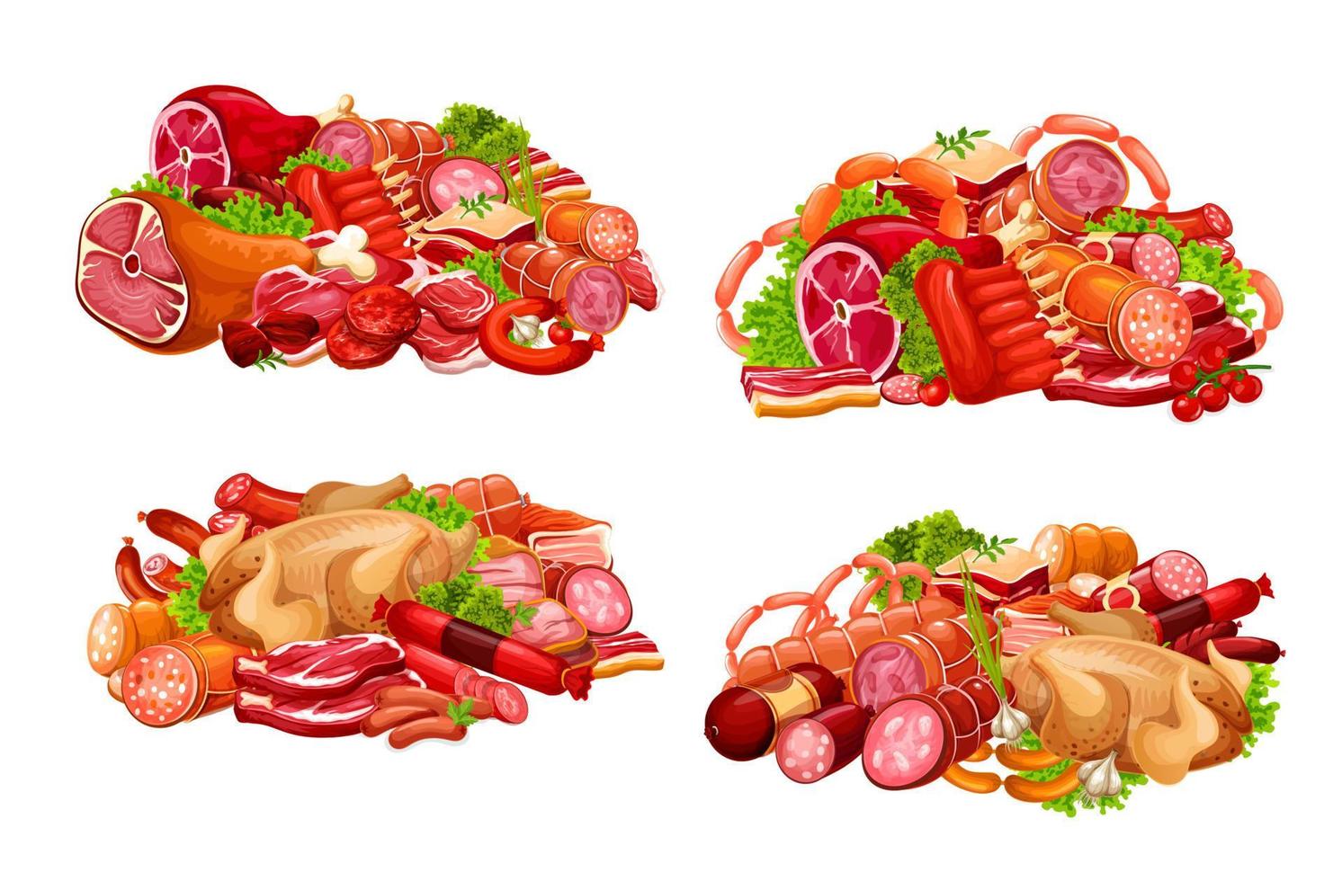 Meat and sausages vector food, butcher shop