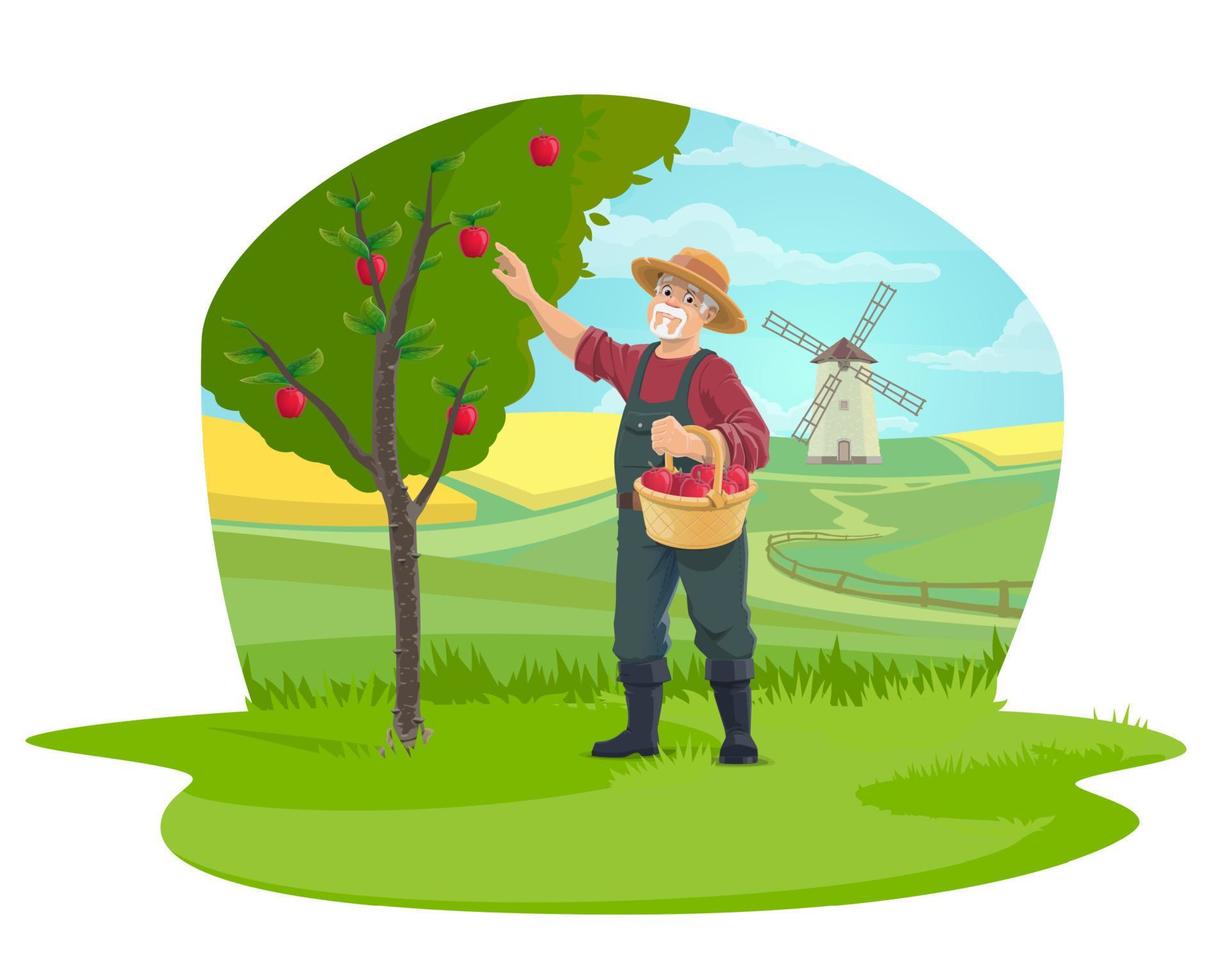 Farmer picking apple fruits at farm garden icon vector